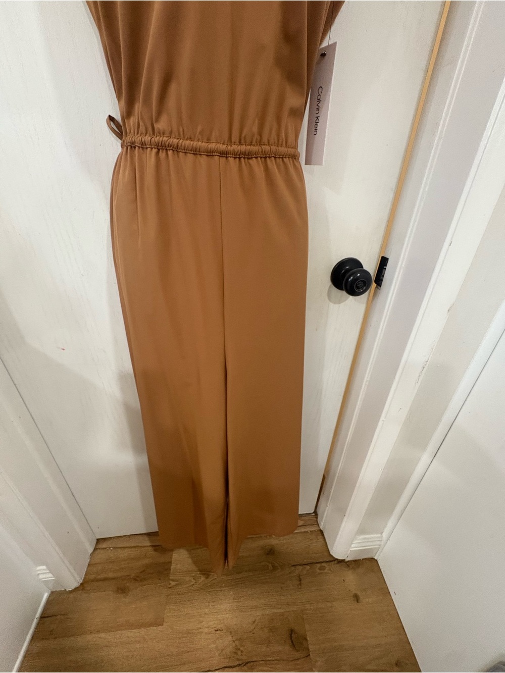 Minimalist quiet luxury cocktail Sleeveless V-Neck Wide Leg Jumpsuit in Caramel - Picture 2 of 8